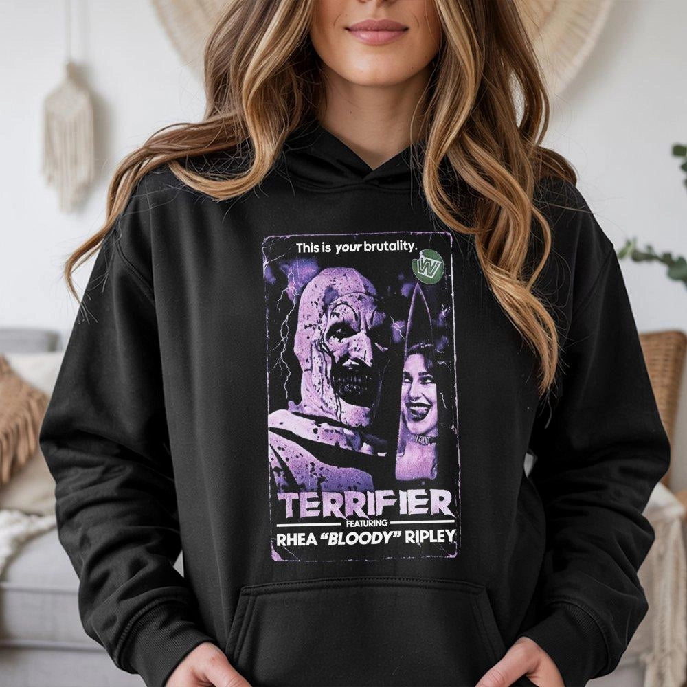 Rhea Ripley Horror Movie Hoodie | Art the Clown Terrifier Mashup Graphic | Premium Cotton Blend Unisex Pullover | Pro Wrestli