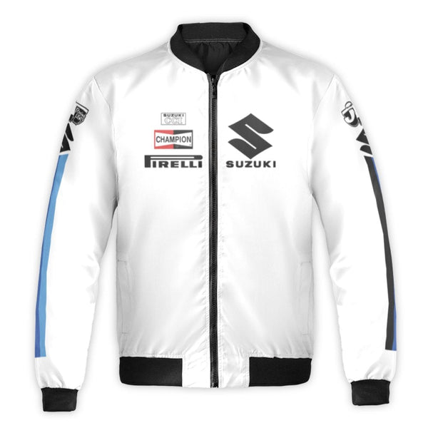 Suzuki Racing Bomber Jacket | Motorcycle Team Logo Print | Durable Nylon Shell Streetwear | Premium Gift for Motorsport Fans